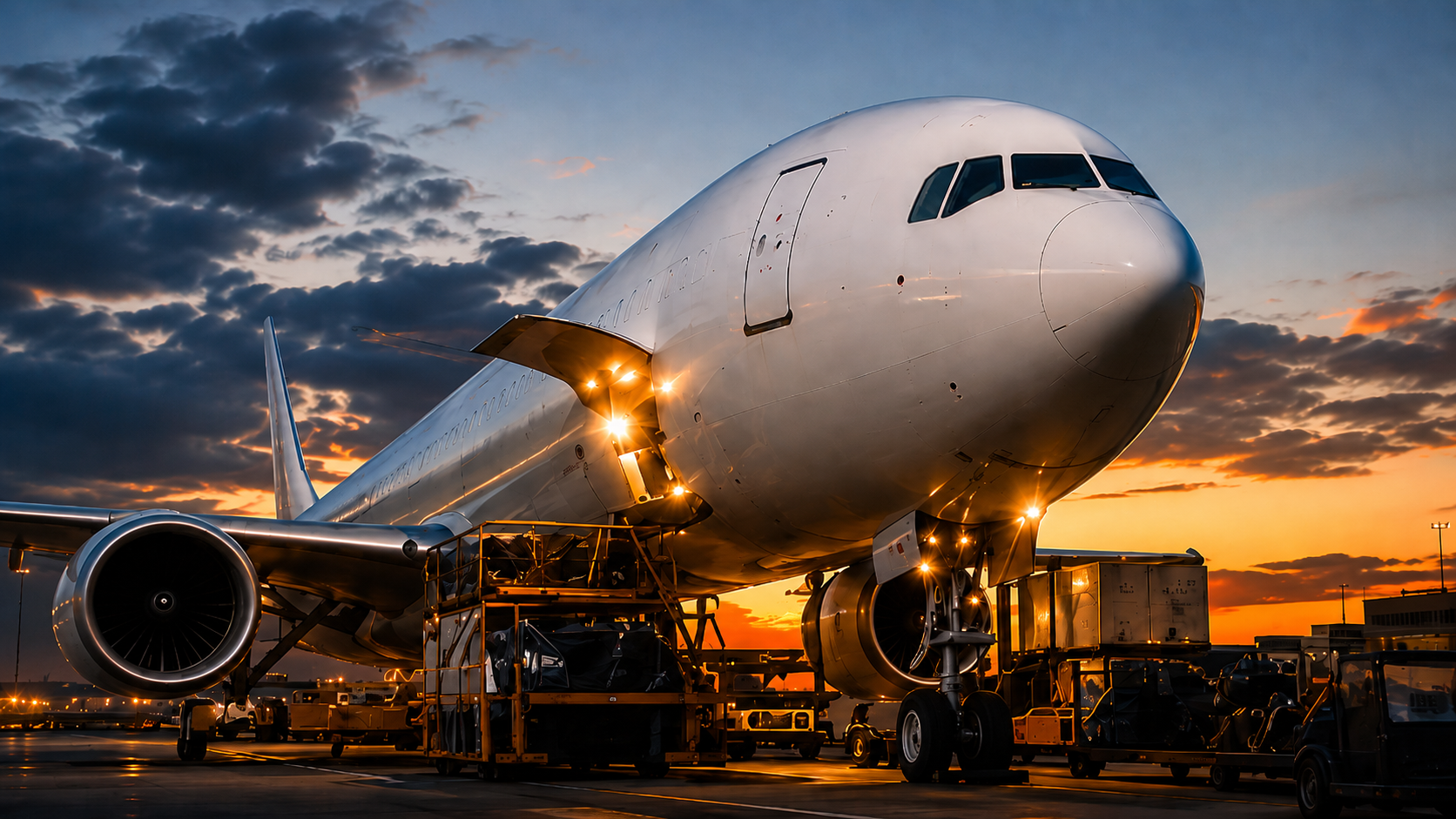 A professional commercial wide-body jet parked on a wet tarmac during twilight